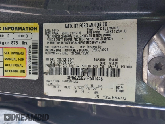 2016 Lincoln MKZ with VIN 3LN6L2GK5GR601446, listed as a IAAI auction lot 40631505 with 118,602 mi miles and . Bid and sale history available at DreamBid. Image 9.