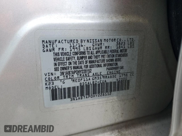 2017 Nissan Sentra S with VIN 3N1AB7AP0HY228152, listed as a Copart auction lot 59501525 with 109,592 mi miles and Salvage title. Bid and sale history available at DreamBid. Image 13.