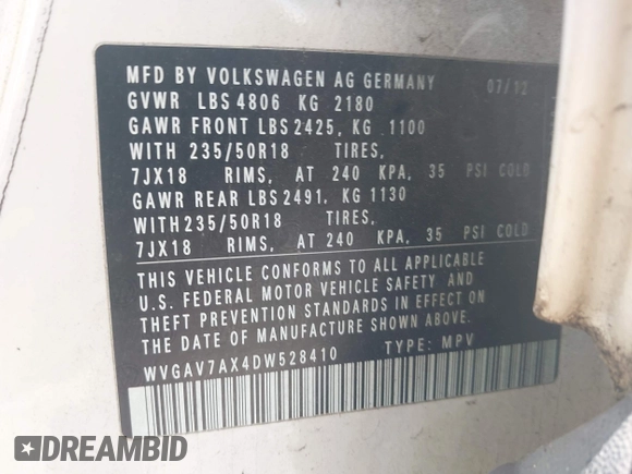 2013 Volkswagen Tiguan SE with VIN WVGAV7AX4DW528410, listed as a IAAI auction lot 42142132 with 148,511 mi miles and . Bid and sale history available at DreamBid. Image 9.