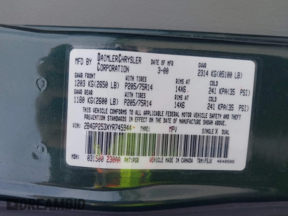 2000 Dodge Caravan with VIN 2B4GP253XYR745944, listed as a IAAI auction lot 41861315 with 83,425 mi miles and . Bid and sale history available at DreamBid. Image 9.