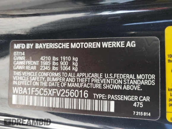 2015 BMW 2 Series 228i with VIN WBA1F5C5XFV256016, listed as a Copart auction lot 62587715 with 120,651 mi miles and Clean title. Bid and sale history available at DreamBid. Image 12.