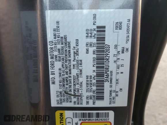 2013 Ford Fusion Titanium Hybrid with VIN 3FA6P0RU1DR292037, listed as a Copart auction lot 89368505 with 184,282 mi miles and Salvage Title. Bid and sale history available at carsss.com. Image 13.