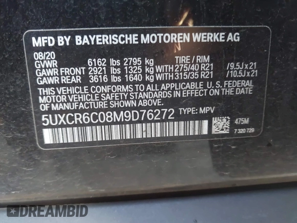 2021 BMW X5 xDrive40i with VIN 5UXCR6C08M9D76272, listed as a IAAI auction lot 41219782 with 56,599 mi miles and . Bid and sale history available at DreamBid. Image 9.