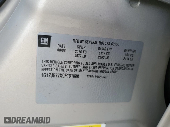 2009 Chevrolet Malibu 2LT with VIN 1G1ZJ577X9F131086, listed as a Copart auction lot 49094485 with 51,274 mi miles and Salvage Title. Bid and sale history available at DreamBid. Image 14.