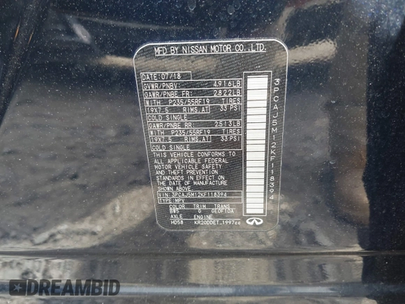 2019 Infiniti QX50 Essential with VIN 3PCAJ5M12KF118394, listed as a IAAI auction lot 42210552 with 98,068 mi miles and . Bid and sale history available at DreamBid. Image 9.