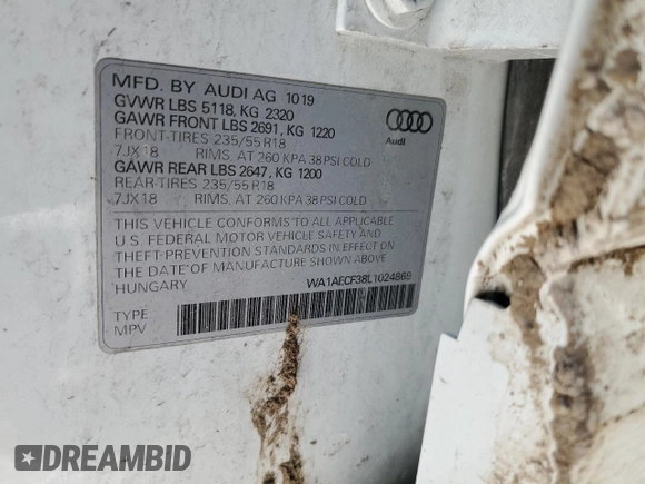 2020 Audi Q3 Premium with VIN WA1AECF38L1024869, listed as a Copart auction lot 46295685 with 124,720 mi miles and Salvage Title. Bid and sale history available at carsss.com. Image 16.