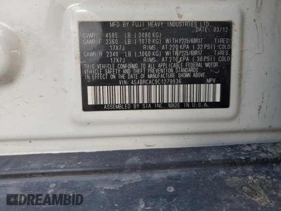 2012 Subaru Outback 2.5i z VIN 4S4BRCAC9C1279936, wystawiony jako Copart lot #79058854 z przebiegiem 229 721 mil mil oraz Szkoda całkowita • Salvage title. Historia ofert i sprzedaży dostępna na DreamBid. Obrazek 13.