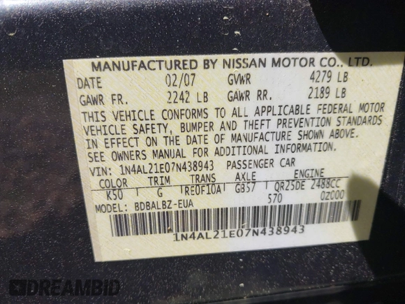 2007 Nissan Altima 2.5 S with VIN 1N4AL21E07N438943, listed as a IAAI auction lot 41993187 with 270,582 mi miles. Bid and sale history available at carsss.com. Image 9.