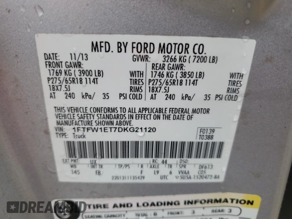 2013 Ford F-150 XL with VIN 1FTFW1ET7DKG21120, listed as a Copart auction lot 60106235 with 123,446 mi miles and Salvage title. Bid and sale history available at DreamBid. Image 12.