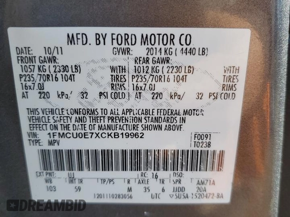 2012 Ford Escape Limited z VIN 1FMCU0E7XCKB19962, wystawiony jako Copart lot #49287765 z przebiegiem 132 747 mil mil oraz Szkoda całkowita • Salvage title. Historia ofert i sprzedaży dostępna na DreamBid. Obrazek 16.
