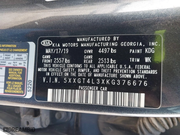2019 Kia Optima LX with VIN 5XXGT4L3XKG376676, listed as a IAAI auction lot 41679981 with 57,211 mi miles. Bid and sale history available at carsss.com. Image 9.