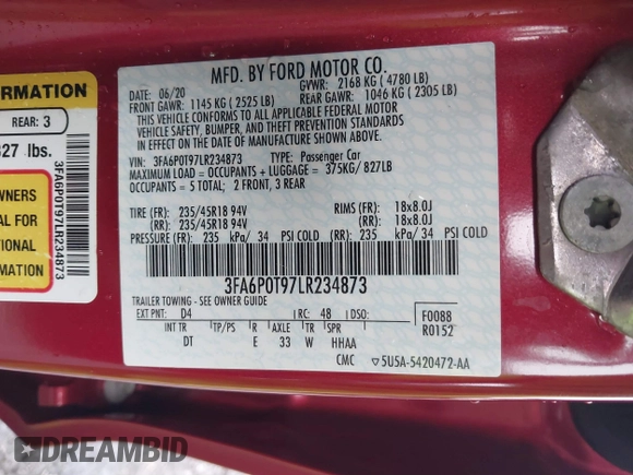 2020 Ford Fusion SE z VIN 3FA6P0T97LR234873, wystawiony jako IAAI lot #41510333 z przebiegiem 65 243 mil mil oraz . Historia ofert i sprzedaży dostępna na DreamBid. Obrazek 9.