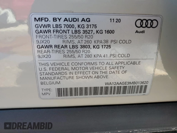 2021 Audi e-tron Sportback Premium Plus with VIN WA12AAGE3MB013620, listed as a Copart auction lot 53856925 with 37,232 mi miles and Salvage title. Bid and sale history available at DreamBid. Image 13.