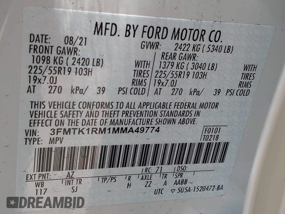 2021 Ford Mustang Mach-E Select z VIN 3FMTK1RM1MMA49774, wystawiony jako IAAI lot #42462914 z przebiegiem 16 754 mil mil oraz . Historia ofert i sprzedaży dostępna na DreamBid. Obrazek 9.