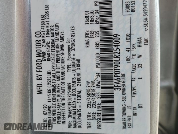 2020 Ford Fusion SE with VIN 3FA6P0T90LR254009, listed as a Copart auction lot 60367275 with 42,950 mi miles and Salvage title. Bid and sale history available at DreamBid. Image 12.