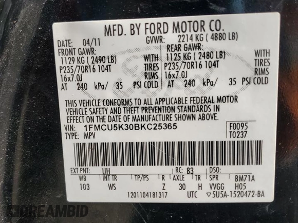 2011 Ford Escape Hybrid with VIN 1FMCU5K30BKC25365, listed as a Copart auction lot 61581755 with 272,941 mi miles and Salvage title. Bid and sale history available at DreamBid. Image 14.
