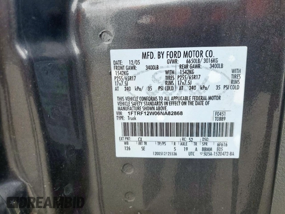 2006 Ford F-150 XL с VIN 1FTRF12W06NA82868, выставлен на аукционе Copart как лот 51692405 с пробегом 230 789 миль миль и Списание • Salvage title. История ставок и продаж доступна на DreamBid. Изображение 12.