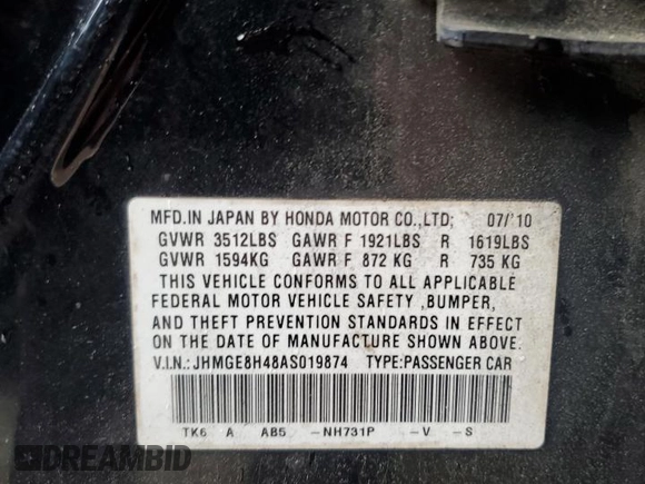 2010 Honda Fit Sport with VIN JHMGE8H48AS019874, listed as a Copart auction lot 58463765 with Not provided miles and Salvage title. Bid and sale history available at DreamBid. Image 12.