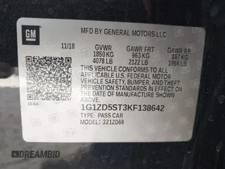 2019 Chevrolet Malibu LT with VIN 1G1ZD5ST3KF138642, listed as a IAAI auction lot 41771788 with 157,216 mi miles and . Bid and sale history available at DreamBid. Image 9.