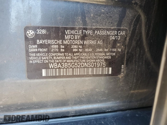 2013 BMW 3 Series 328i xDrive with VIN WBA3B5G52DNS01975, listed as a Copart auction lot 53555725 with 165,248 mi miles and Salvage Title. Bid and sale history available at carsss.com. Image 12.