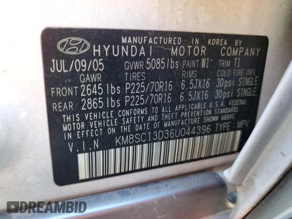 2006 Hyundai Santa Fe GLS with VIN KM8SC13D36U044396, listed as a Copart auction lot 78847884 with 76,080 mi miles and Salvage Title. Bid and sale history available at carsss.com. Image 15.