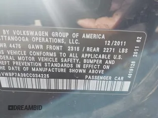 2012 Volkswagen Passat SE with VIN 1VWBP7A38CC034225, listed as a IAAI auction lot 41617236 with 188,995 mi miles and . Bid and sale history available at DreamBid. Image 9.