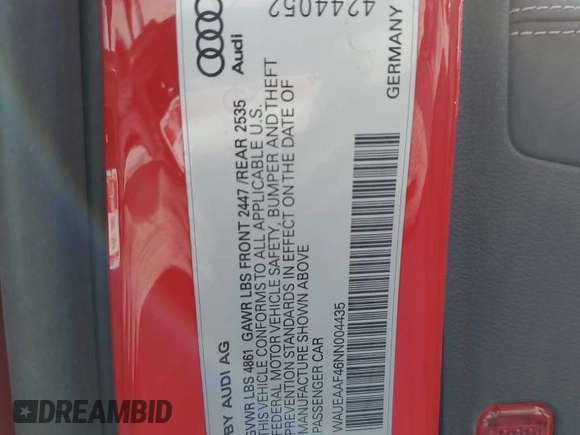 2022 Audi A4 S line Premium Plus z VIN WAUEAAF46NN004435, wystawiony jako Copart lot #52925865 z przebiegiem 14 990 mil mil oraz Szkoda całkowita • Salvage title. Historia ofert i sprzedaży dostępna na DreamBid. Obrazek 14.