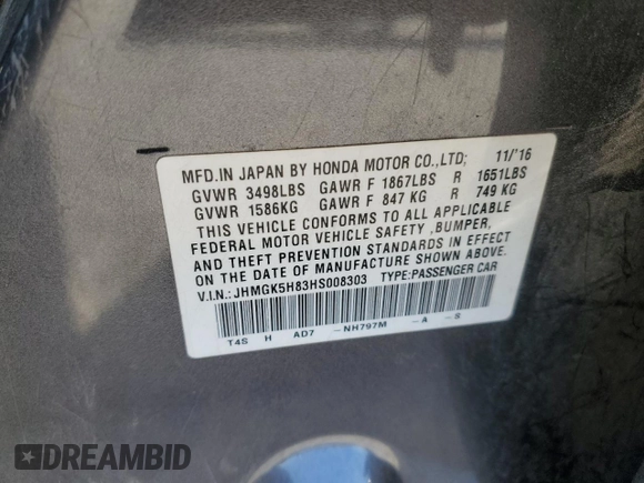 2017 Honda Fit EX-L with VIN JHMGK5H83HS008303, listed as a Copart auction lot 60751815 with 58,700 mi miles and Salvage title. Bid and sale history available at DreamBid. Image 12.