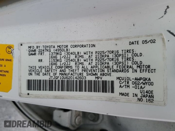 2002 Lexus RX 300 with VIN JTJGF10U620142603, listed as a Copart auction lot 73094344 with 135,347 mi miles and Salvage Title. Bid and sale history available at carsss.com. Image 14.