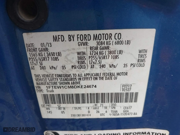 2013 Ford F-150 XL with VIN 1FTEW1CM8DKE24674, listed as a IAAI auction lot 41881852 with 212,445 mi miles. Bid and sale history available at carsss.com. Image 9.