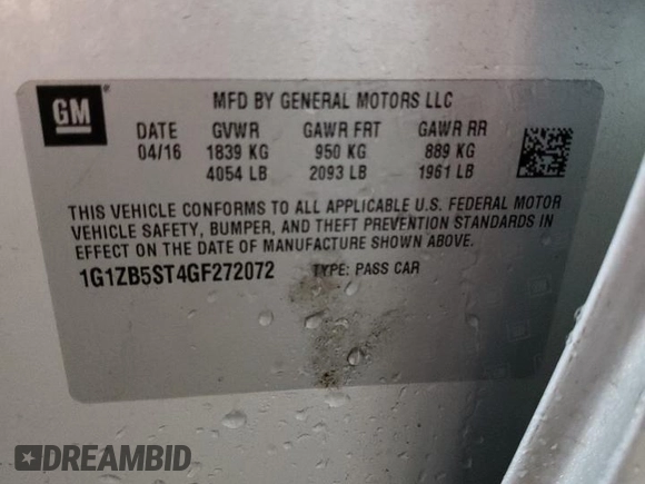 2016 Chevrolet Malibu LS with VIN 1G1ZB5ST4GF272072, listed as a Copart auction lot 70096632 with 84,804 mi miles and Salvage title. Bid and sale history available at DreamBid. Image 12.