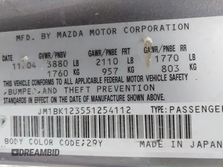 2005 Mazda 3 s with VIN JM1BK123551254112, listed as a IAAI auction lot 42153452 with 258,826 mi miles and . Bid and sale history available at DreamBid. Image 9.