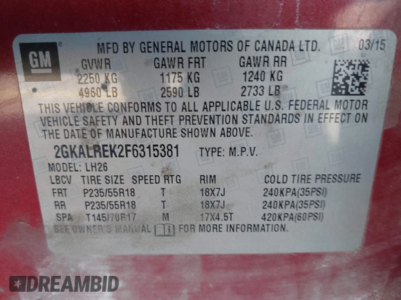 2015 GMC Terrain SLE with VIN 2GKALREK2F6315381, listed as a IAAI auction lot 41437192 with 109,428 mi miles. Bid and sale history available at carsss.com. Image 9.