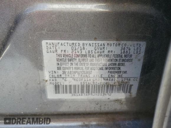 2018 Nissan Sentra S with VIN 3N1AB7AP9JY253492, listed as a Copart auction lot 51149715 with 162,652 mi miles and Salvage Title. Bid and sale history available at DreamBid. Image 12.