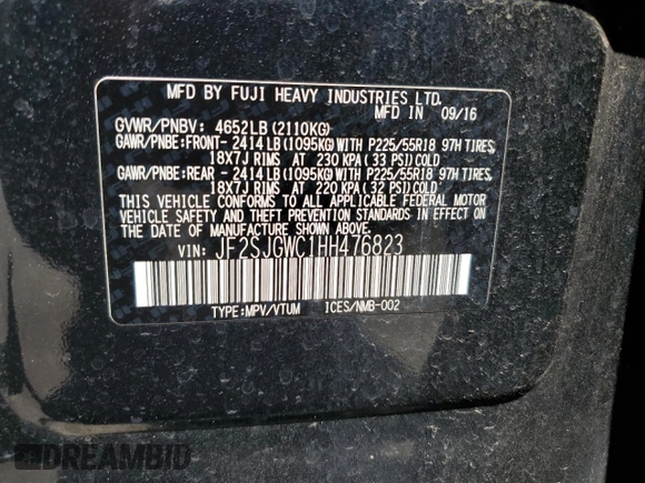 2017 Subaru Forester Touring with VIN JF2SJGWC1HH476823, listed as a Copart auction lot 59230835 with 107,711 mi miles and Salvage title. Bid and sale history available at DreamBid. Image 13.