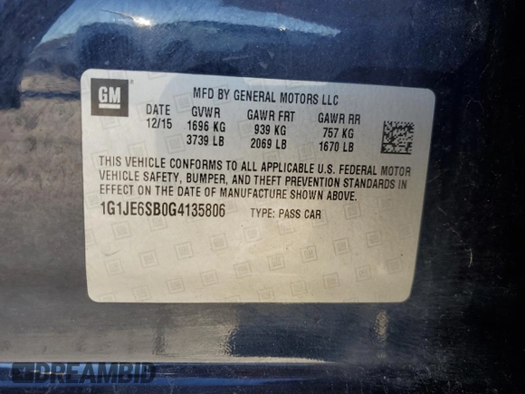 2016 Chevrolet Sonic LTZ z VIN 1G1JE6SB0G4135806, wystawiony jako Copart lot #81431844 z przebiegiem 126 908 mil mil oraz Czysty tytuł • Clean title. Historia ofert i sprzedaży dostępna na DreamBid. Obrazek 12.