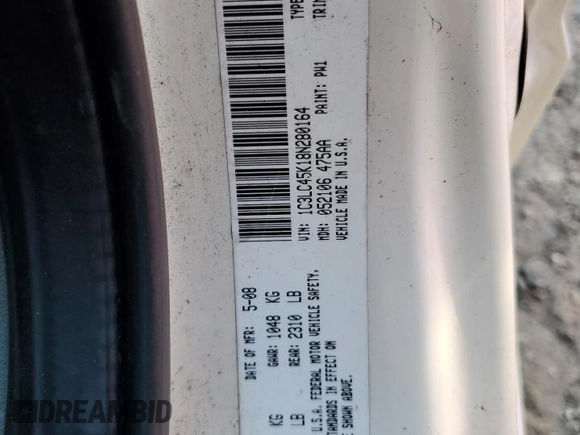 2008 Chrysler Sebring LX with VIN 1C3LC45K18N280164, listed as a Copart auction lot 84601304 with 165,711 mi miles and Salvage Title. Bid and sale history available at carsss.com. Image 12.
