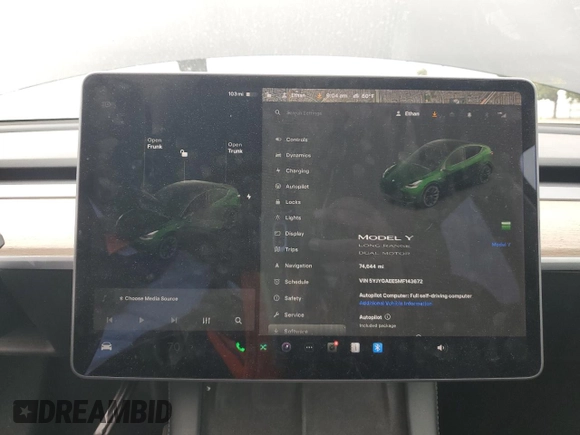 2021 Tesla Model Y Long Range z VIN 5YJYGAEE5MF143672, wystawiony jako Copart lot #55962875 z przebiegiem 74 644 mil mil oraz Szkoda całkowita • Salvage title. Historia ofert i sprzedaży dostępna na DreamBid. Obrazek 9.