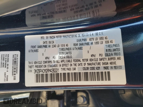 2024 Mazda 3 S Preferred z VIN 3MZBPACM2RM436221, wystawiony jako Copart lot #56953885 z przebiegiem 7 211 mil mil oraz Szkoda całkowita • Salvage title. Historia ofert i sprzedaży dostępna na DreamBid. Obrazek 12.