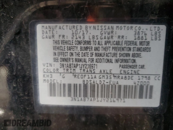 2018 Nissan Sentra S with VIN 3N1AB7AP1JY216971, listed as a Copart auction lot 53024055 with 75,950 mi miles and Salvage Title. Bid and sale history available at DreamBid. Image 12.
