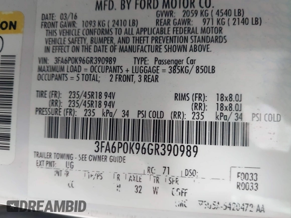 2016 Ford Fusion Titanium with VIN 3FA6P0K96GR390989, listed as a IAAI auction lot 42634275 with 123,559 mi miles and . Bid and sale history available at DreamBid. Image 9.