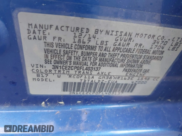 2015 Nissan Note SV with VIN 3N1CE2CP0FL403137, listed as a IAAI auction lot 42208818 with 197,082 mi miles and . Bid and sale history available at DreamBid. Image 9.