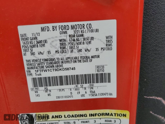2013 Ford F-150 XL with VIN 1FTFW1CT9DKD58745, listed as a Copart auction lot 49869035 with 159,773 mi miles and Salvage Title. Bid and sale history available at carsss.com. Image 13.