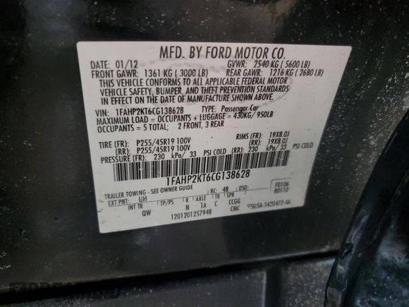 2012 Ford Taurus SHO with VIN 1FAHP2KT6CG138628, listed as a Copart auction lot 46219235 with 131,998 mi miles and Salvage title. Bid and sale history available at DreamBid. Image 12.
