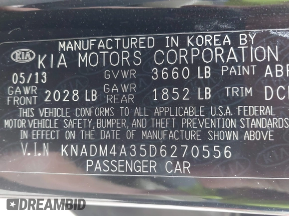 2013 Kia Rio LX with VIN KNADM4A35D6270556, listed as a IAAI auction lot 42115208 with 165,249 mi miles. Bid and sale history available at carsss.com. Image 9.
