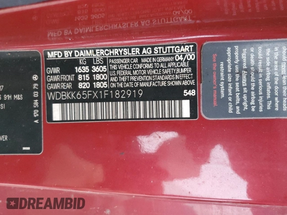 2001 Mercedes-Benz SLK-Class with VIN WDBKK65FX1F182919, listed as a Copart auction lot 76783614 with Not Provided miles and Non Repairable. Bid and sale history available at carsss.com. Image 13.