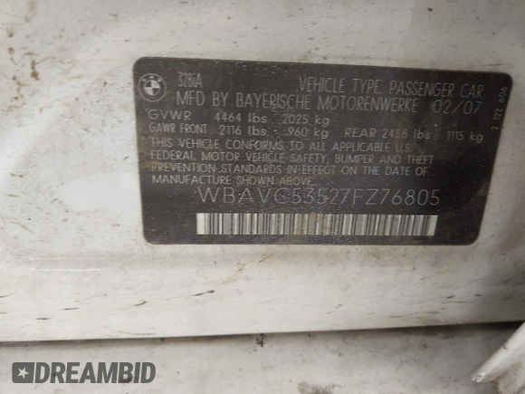 2007 BMW 3 Series 328i с VIN WBAVC53527FZ76805, выставлен на аукционе IAAI как лот 42543532 с пробегом 160 803 миль миль и . История ставок и продаж доступна на DreamBid. Изображение 9.