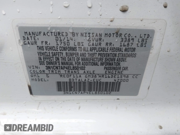 2014 Nissan Versa SV with VIN 3N1CN7AP4EL850102, listed as a IAAI auction lot 41729642 with 181,514 mi miles. Bid and sale history available at carsss.com. Image 9.