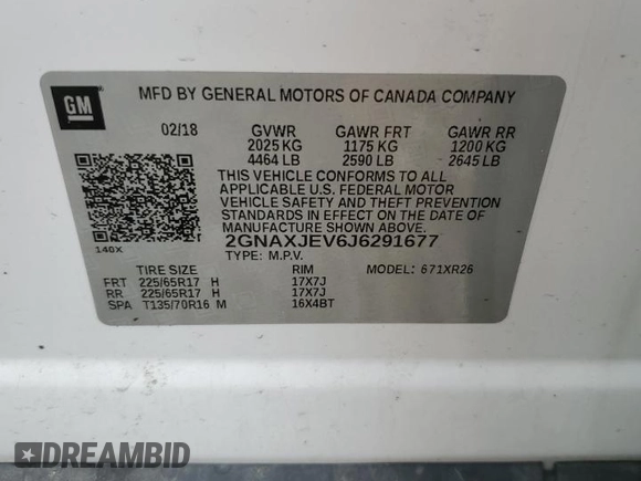 2018 Chevrolet Equinox LT with VIN 2GNAXJEV6J6291677, listed as a Copart auction lot 55017845 with 82,034 mi miles and Salvage Title. Bid and sale history available at DreamBid. Image 13.