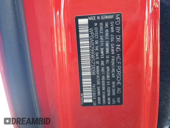 2008 Porsche 911 Carrera S with VIN WP0AB29998S731098, listed as a Copart auction lot 80734494 with 52,742 mi miles and Salvage Title. Bid and sale history available at DreamBid. Image 12.